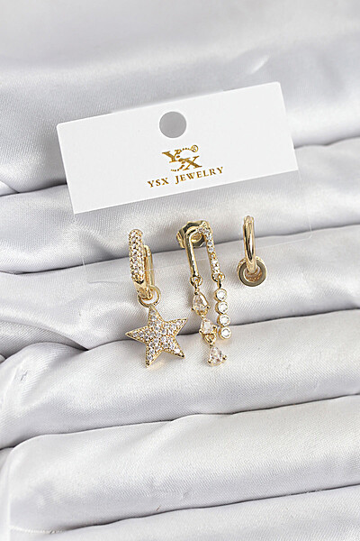 Pirinç Gold Renk Zirkon Taşlı Yıldız Vintage Model Ysx Trio Küpe Seti