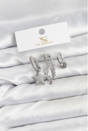 Pirinç Gümüş Renk Zirkon Taşlı Yıldız Vintage Model Ysx Trio Küpe Seti