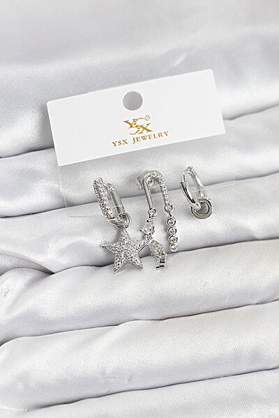 Pirinç Gümüş Renk Zirkon Taşlı Yıldız Vintage Model Ysx Trio Küpe Seti