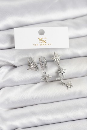 Pirinç Gümüş Renk Zirkon Taşlı Kutup Yıldızı Model Ysx Trio Küpe Seti