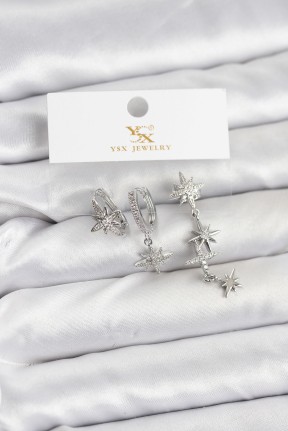 Pirinç Gümüş Renk Zirkon Taşlı Kutup Yıldızı Model Ysx Trio Küpe Seti