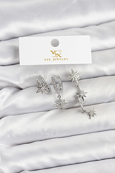 Pirinç Gümüş Renk Zirkon Taşlı Kutup Yıldızı Model Ysx Trio Küpe Seti