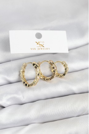 Pirinç Gold Renk Zirkon Taşlı Petek Halka Model Ysx Trio Küpe Seti