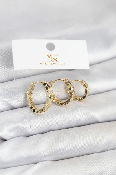 Pirinç Gold Renk Zirkon Taşlı Petek Halka Model Ysx Trio Küpe Seti