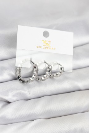 Pirinç Gümüş Renk Zirkon Taşlı Petek Halka Model Ysx Trio Küpe Seti