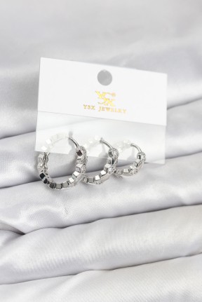 Pirinç Gümüş Renk Zirkon Taşlı Petek Halka Model Ysx Trio Küpe Seti