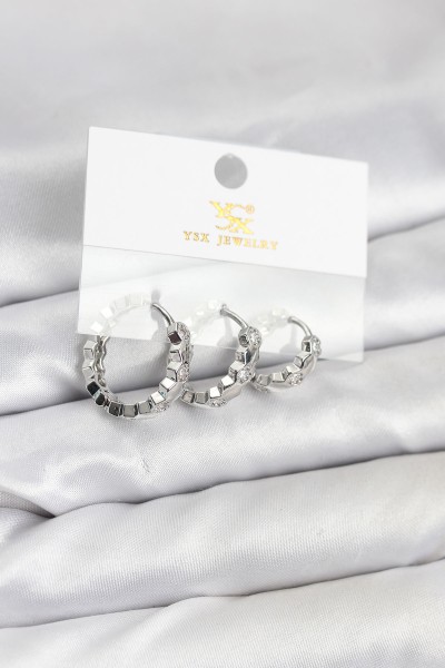 Pirinç Gümüş Renk Zirkon Taşlı Petek Halka Model Ysx Trio Küpe Seti