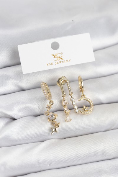 Pirinç Gold Renk Zirkon Taşlı Uzay Model Ysx Trio Küpe Seti