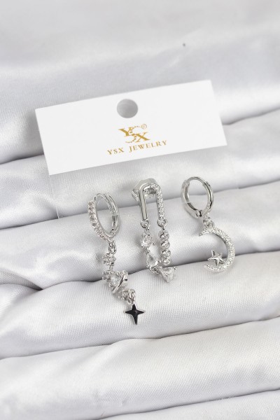Pirinç Gümüş Renk Zirkon Taşlı Uzay Model Ysx Trio Küpe Seti