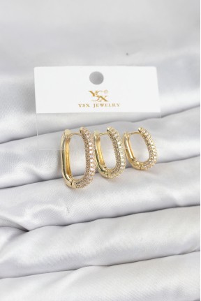 Pirinç Gold Renk Zirkon Taşlı Halka Model Ysx Trio Küpe Seti