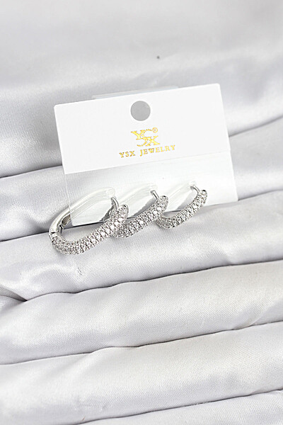 Pirinç Gümüş Renk Zirkon Taşlı Halka Model Ysx Trio Küpe Seti