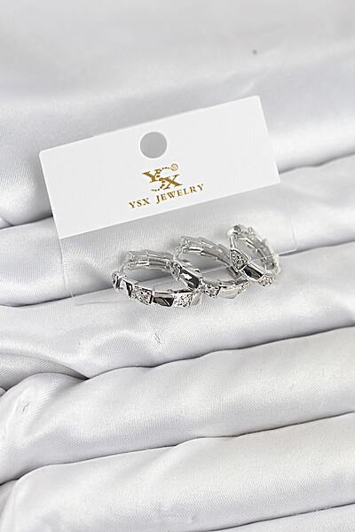 Pirinç Gümüş Renk Zirkon Taşlı Halka Yılan Model Ysx Trio Küpe Seti