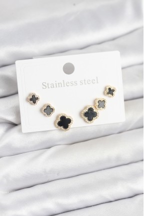 316l çelik Zirkon Taşlı Yonca Model Kadın Küpe Seti