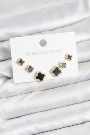 316l çelik Zirkon Taşlı Yonca Model Kadın Küpe Seti