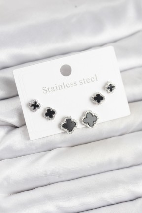 316l çelik Gümüş Renk Zirkon Taşlı Yonca Model Kadın Küpe Seti