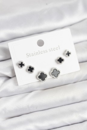 316l çelik Gümüş Renk Zirkon Taşlı Yonca Model Kadın Küpe Seti