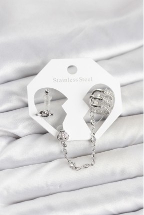 Pirinç Gümüş Renk Sarmal Model Zincir Bağlantılı Ear Cuff Küpe Seti