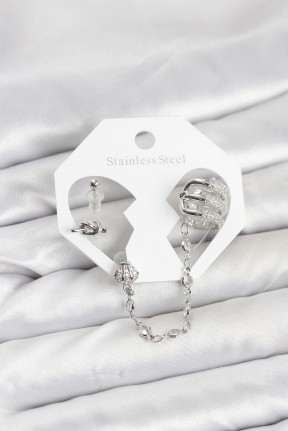 Pirinç Gümüş Renk Sarmal Model Zincir Bağlantılı Ear Cuff Küpe Seti