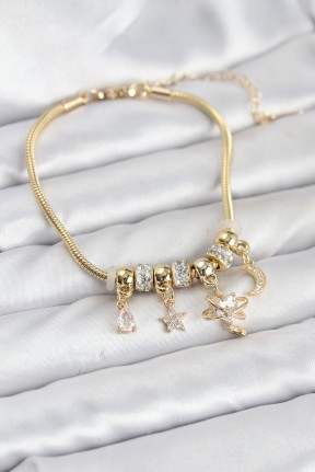 Pirinç Gold Renk Kalpli Model Charmlı Kadın Bileklik