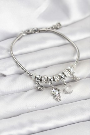 Pirinç Gümüş Renk Uzay Tema Charmlı Kadın Bileklik