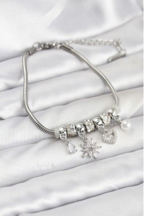 Pirinç Gümüş Renk Kutup Yıldızı Ve Kalp Charmlı Kadın Bileklik