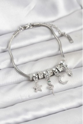 Pirinç Gümüş Renk Yılan Charmlı Kadın Bileklik