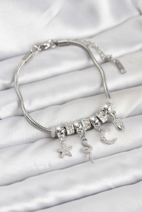 Pirinç Gümüş Renk Yılan Charmlı Kadın Bileklik