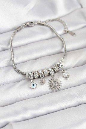 Pirinç Gümüş Renk Güneş Charmlı Kadın Bileklik