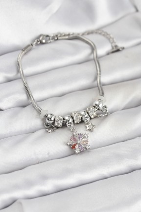 Pirinç Gümüş Renk Renkli Yıldız Charmlı Kadın Bileklik