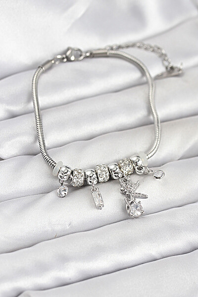 Pirinç Gümüş Renk Tinkerbell Charmlı Kadın Bileklik