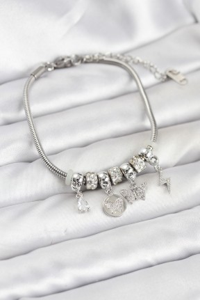 Pirinç Gümüş Renk Kelebek Charmlı Kadın Bileklik