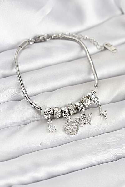 Pirinç Gümüş Renk Kelebek Charmlı Kadın Bileklik