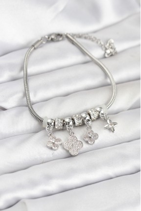 Pirinç Gümüş Renk Yonca Model Kadın Bileklik