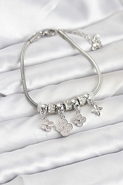 Pirinç Gümüş Renk Yonca Model Kadın Bileklik