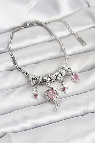 Pirinç Gümüş Renk Uçan Balon Charmlı Kadın Bileklik