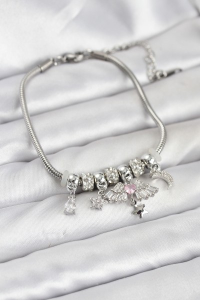 Pirinç Gümüş Renk Kanatlı Charmlı Kadın Bileklik