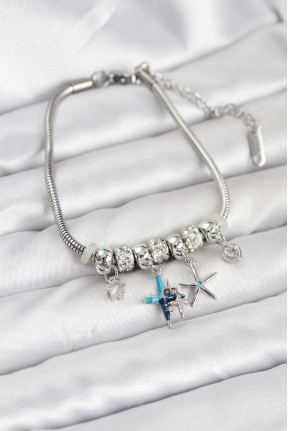 Pirinç Gümüş Renk Yıldız Model Charmlı Kadın Bileklik