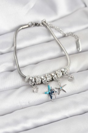 Pirinç Gümüş Renk Yıldız Model Charmlı Kadın Bileklik