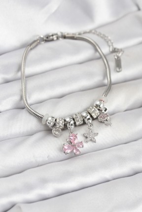 Pirinç Gümüş Renk Pembe Kelebek Charmlı Kadın Bileklik