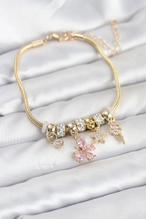 Pirinç Gold Renk Pembe Kelebek Charmlı Kadın Bileklik