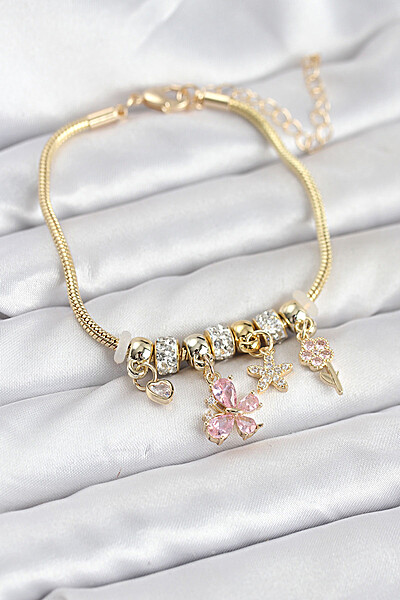 Pirinç Gold Renk Pembe Kelebek Charmlı Kadın Bileklik