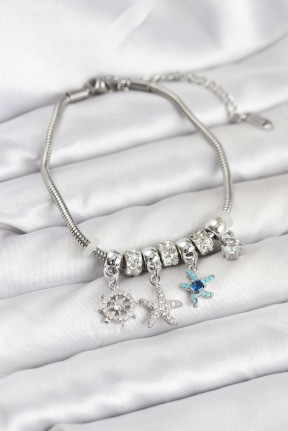 Pirinç Gümüş Renk Deniz Tema Charmlı Kadın Bileklik