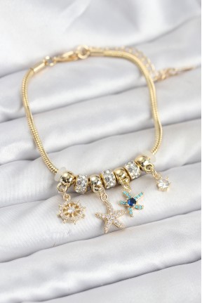 Pirinç Gold Renk Deniz Tema Charmlı Kadın Bileklik