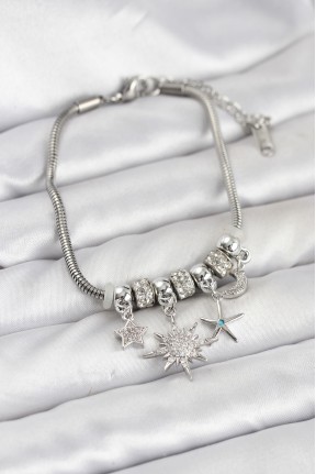 Pirinç Gümüş Renk Güneş Tema Charmlı Kadın Bileklik