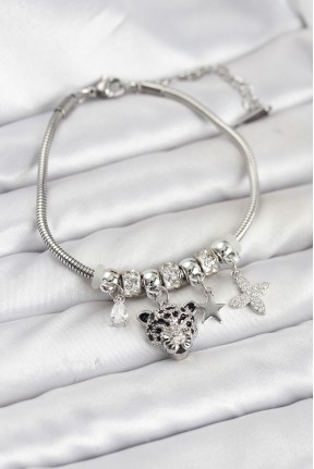 Pirinç Gümüş Renk Kaplan Model Charmlı Kadın Bileklik