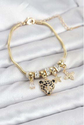 Pirinç Gold Renk Kaplan Model Charmlı Kadın Bileklik