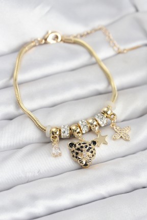 Pirinç Gold Renk Kaplan Model Charmlı Kadın Bileklik