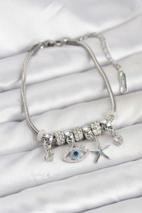 Pirinç Gümüş Renk Göz Model Charmlı Kadın Bileklik