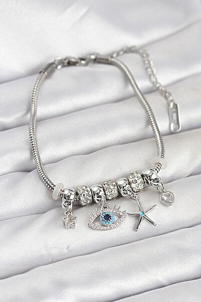 Pirinç Gümüş Renk Göz Model Charmlı Kadın Bileklik