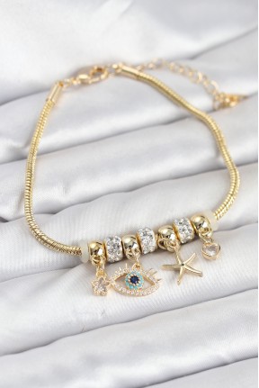 Pirinç Gold Renk Göz Model Charmlı Kadın Bileklik